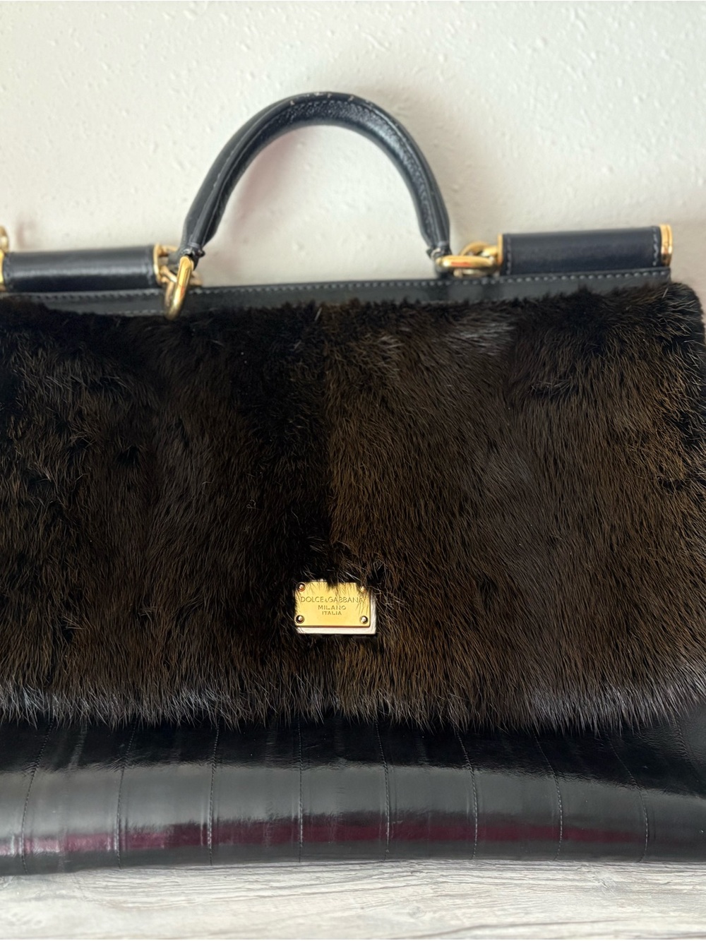 Dolce & Gabbana Black Fur and Leather Top-Handle Satchel